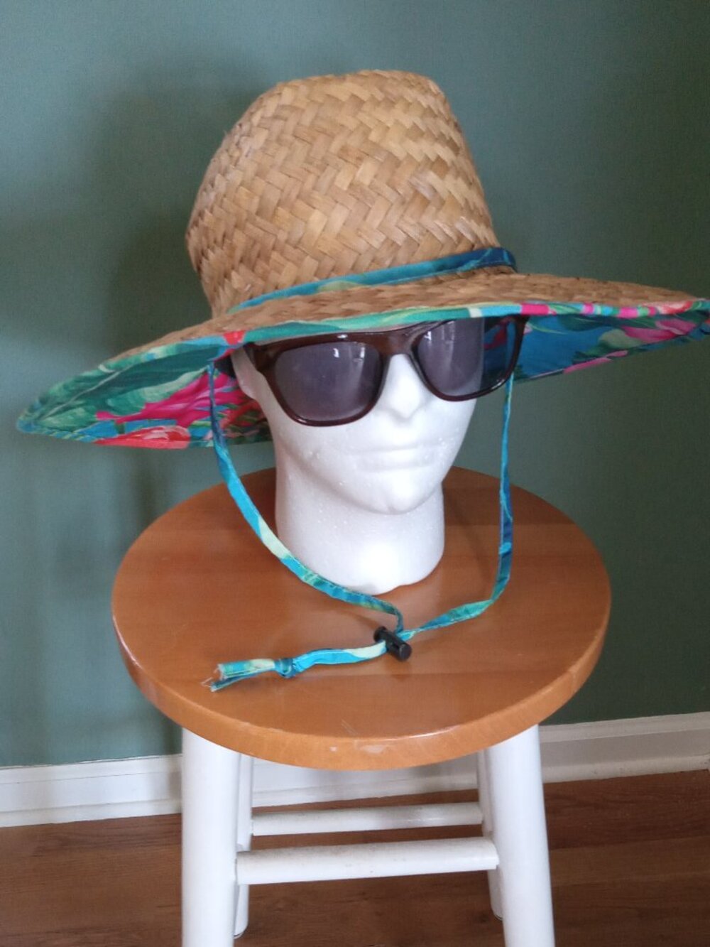 Tropical Flower & Flamingo Underbrim Straw Beach Sun Hat w/Tie
